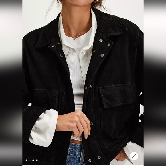 Free People We The Free Suzy black suede leather jacket size Large Chore Coat - Picture 4 of 16